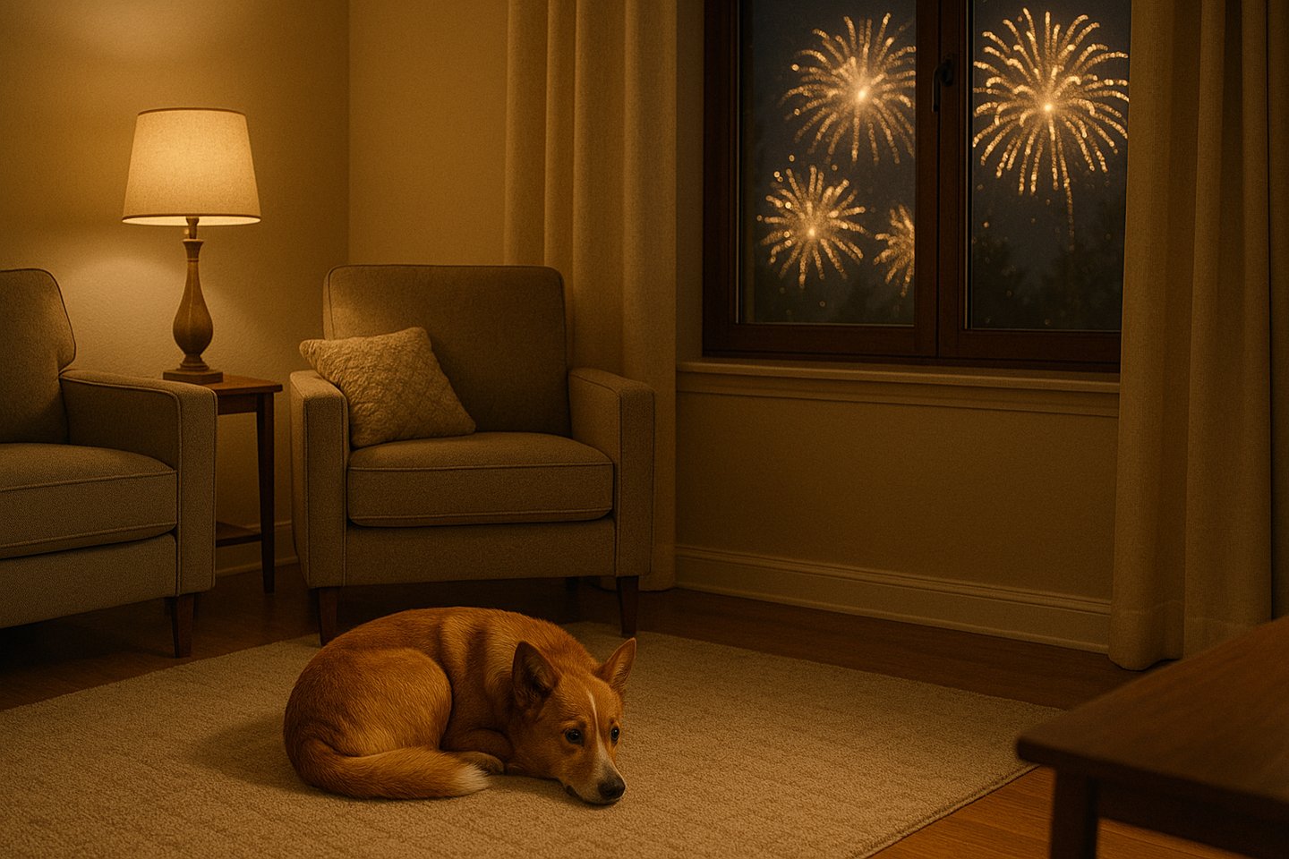 Dog feeling anxious while fireworks are outside.