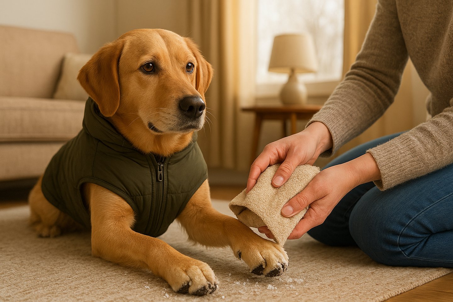 Cleaning dog paws after snowy winter walk to remove salt and ice in Burlington, Oakville, or Milton