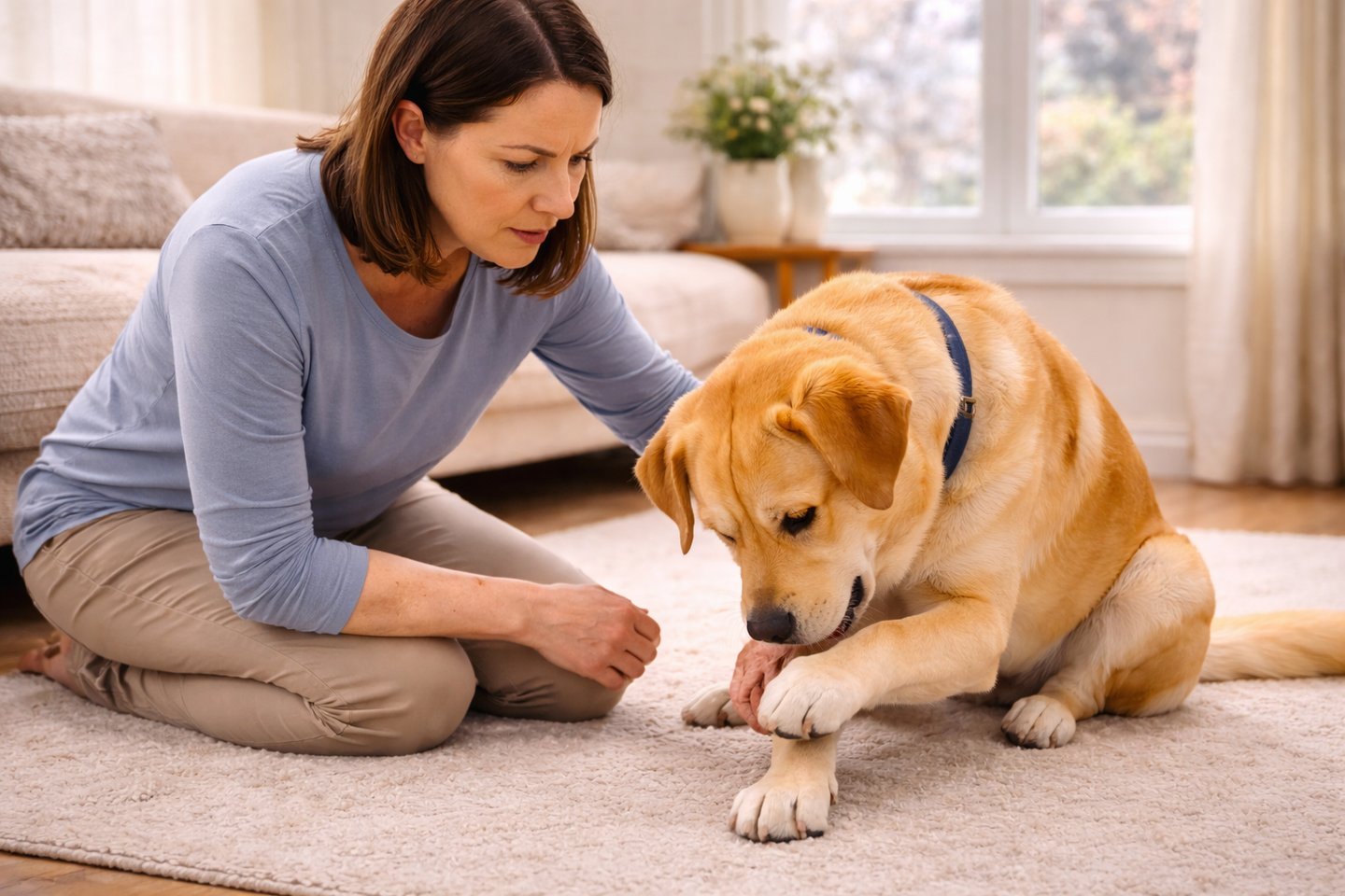 Dog licking paw after walking on cleaned floor.