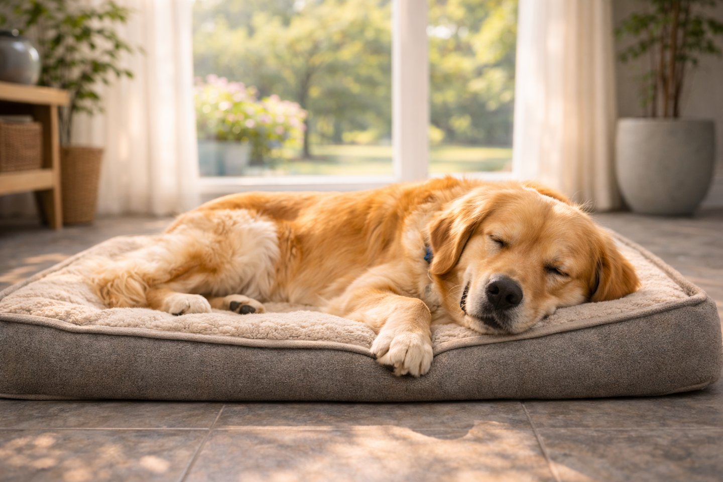 Dog resting peacefully at home during summer.