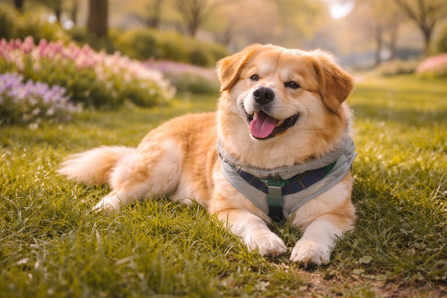 Dog resting after a daily spring walk.