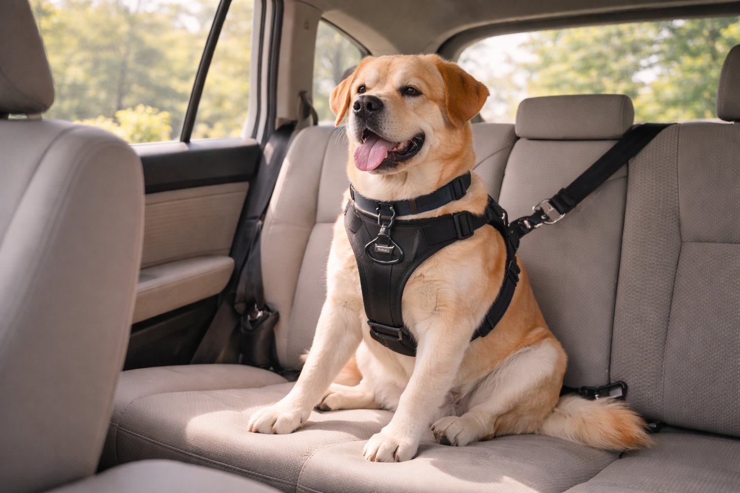 Dog secured safely in car for travel.