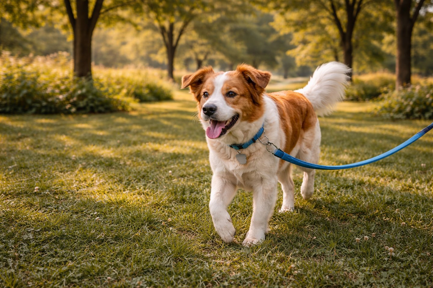 Dog walking safely on shaded grass in summer.