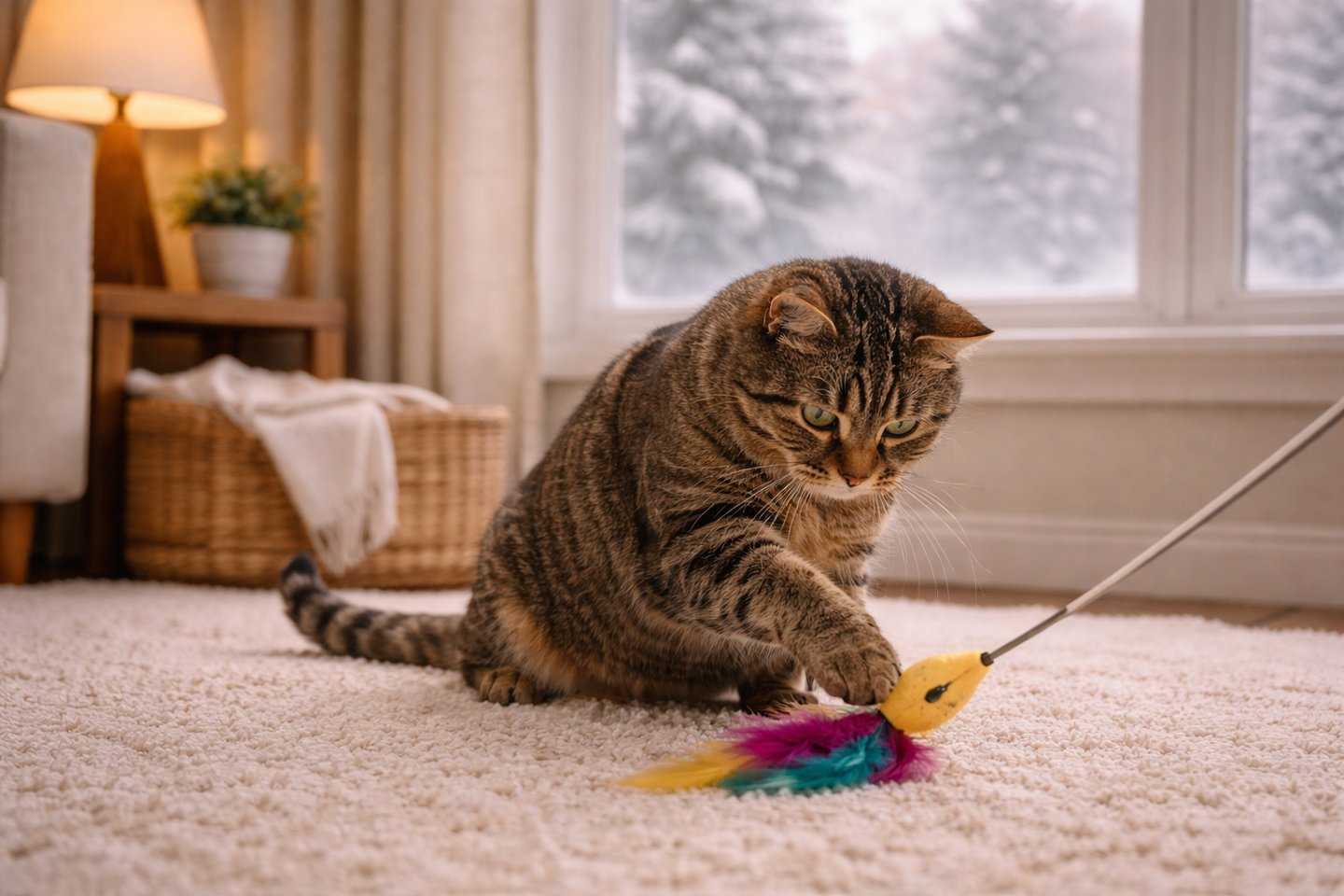 Cat playing indoors during winter routine