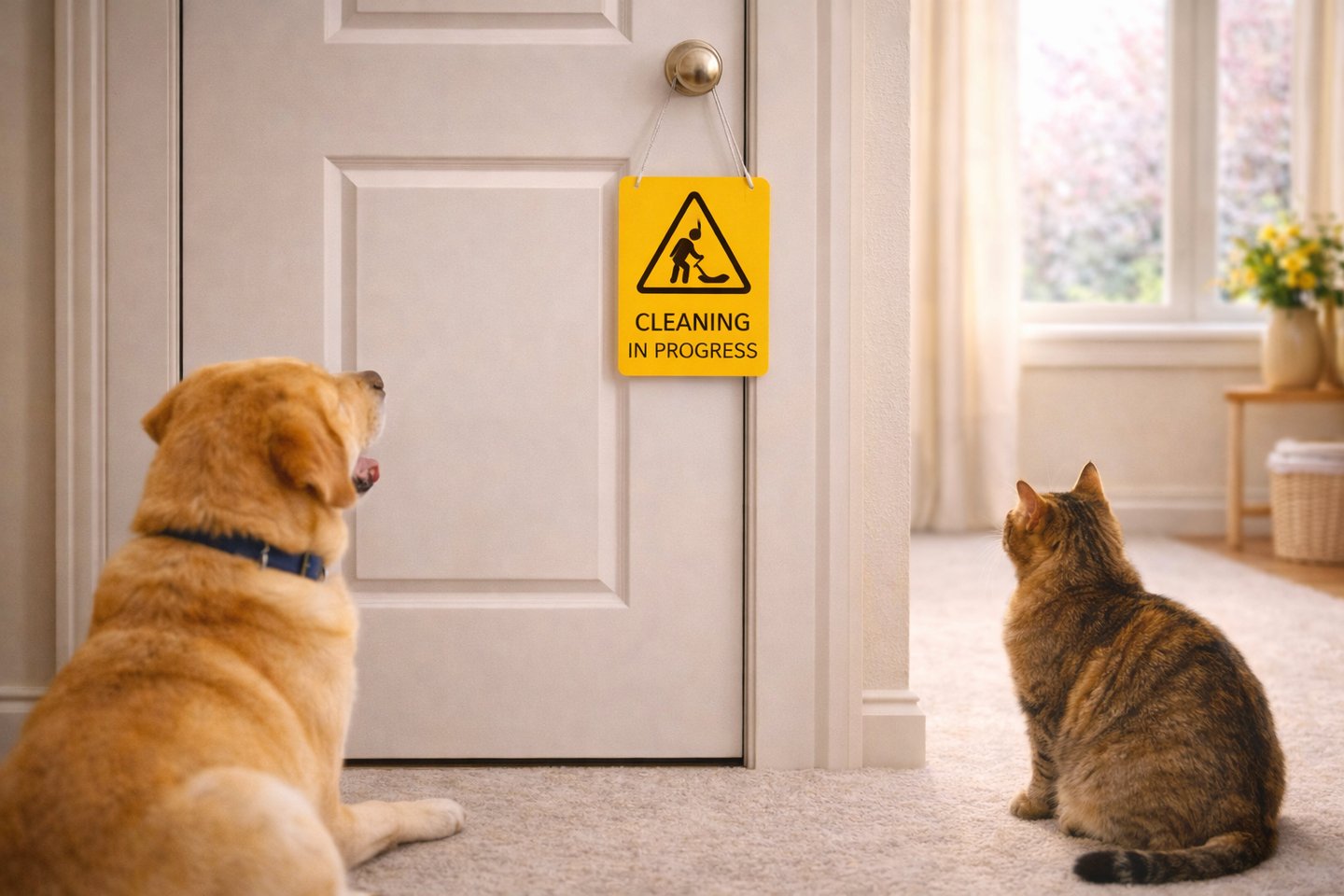 Dog and cat waiting outside a closed room during cleaning.