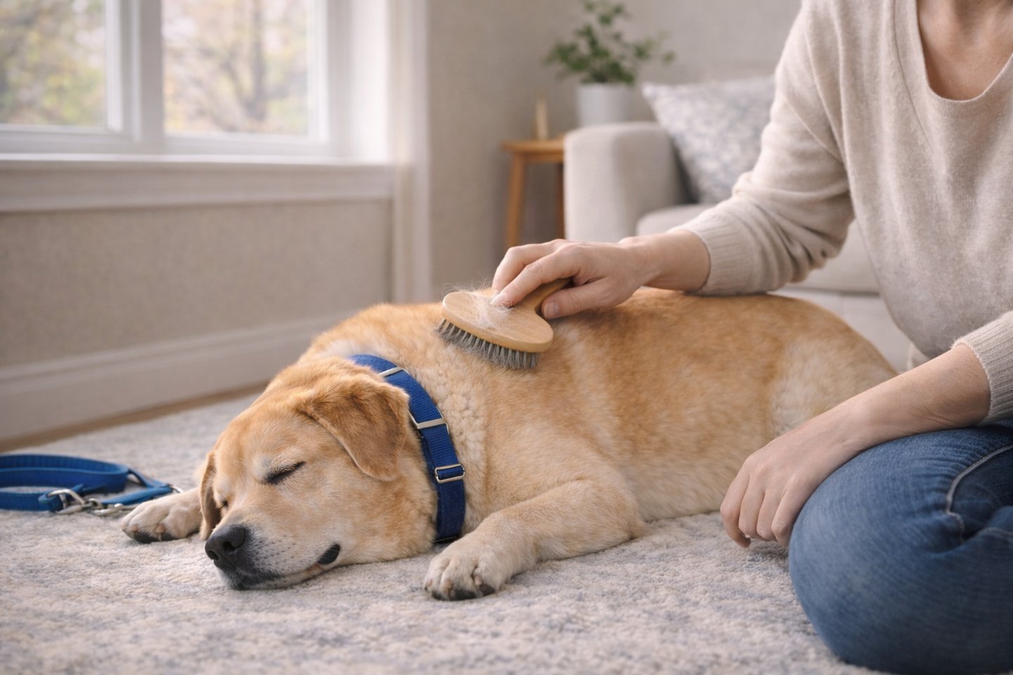 Pet sitter brushing dog during spring grooming routine.