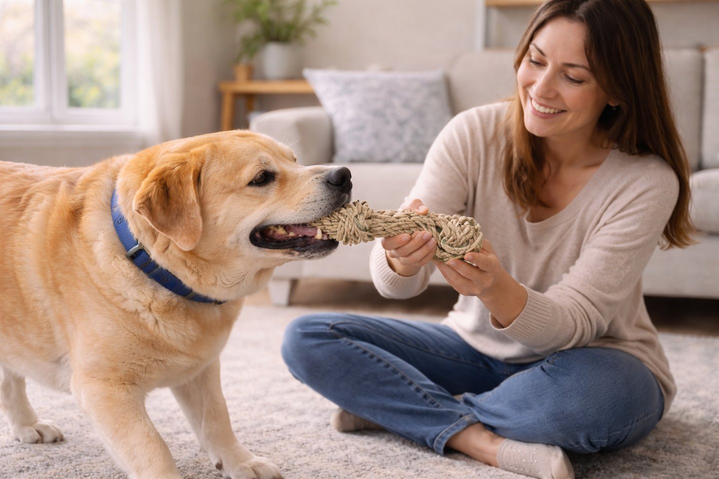 Pet sitter playing with dog during home visit.