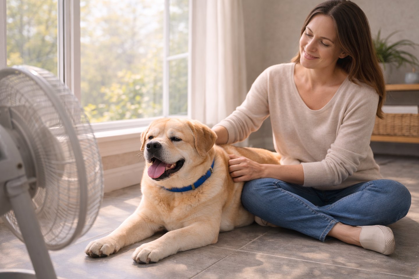 Pet sitter keeping dog comfortable indoors during warm weather.