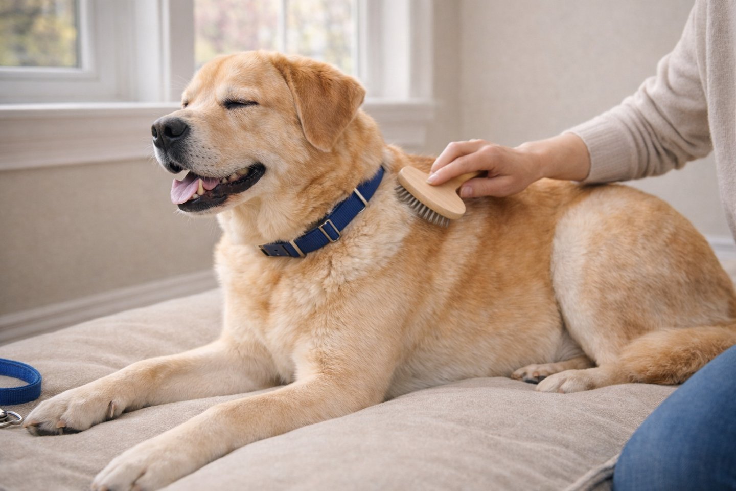 Dog being brushed indoors after a spring walk.