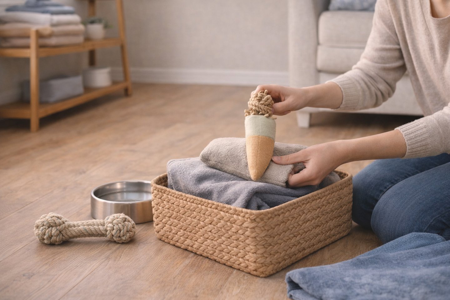 Reusable pet supplies organized at home.