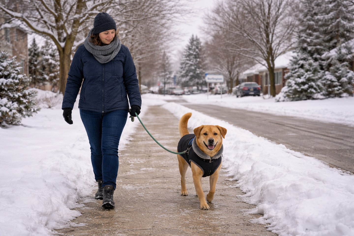 Dog walking on a cleared winter sidewalk in Oakville.