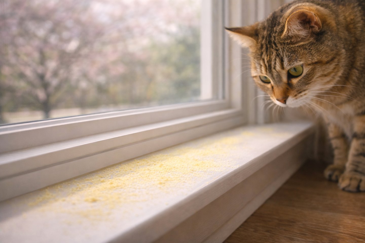 Pollen near a window causing seasonal pet allergies.