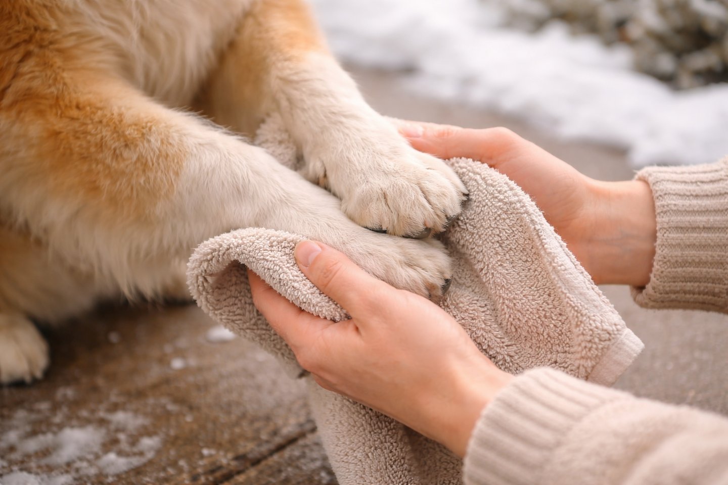 ALT Text: Dog paws being wiped after winter walk