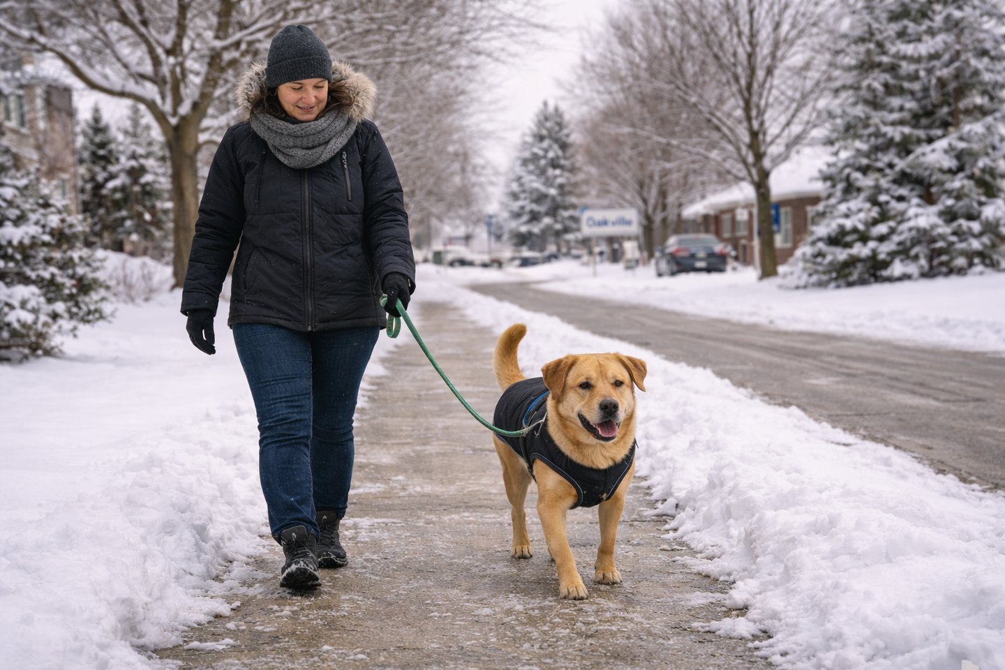 Dog enjoying a winter walk in Oakville with a pet sitter.