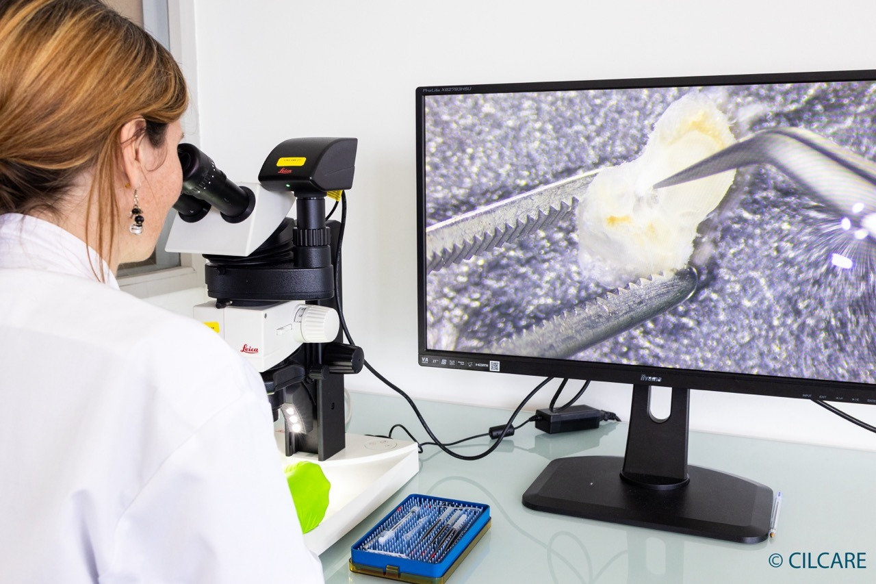 A scientist uses a Leica digital microscope to examine a sample displayed on a large computer monitor.