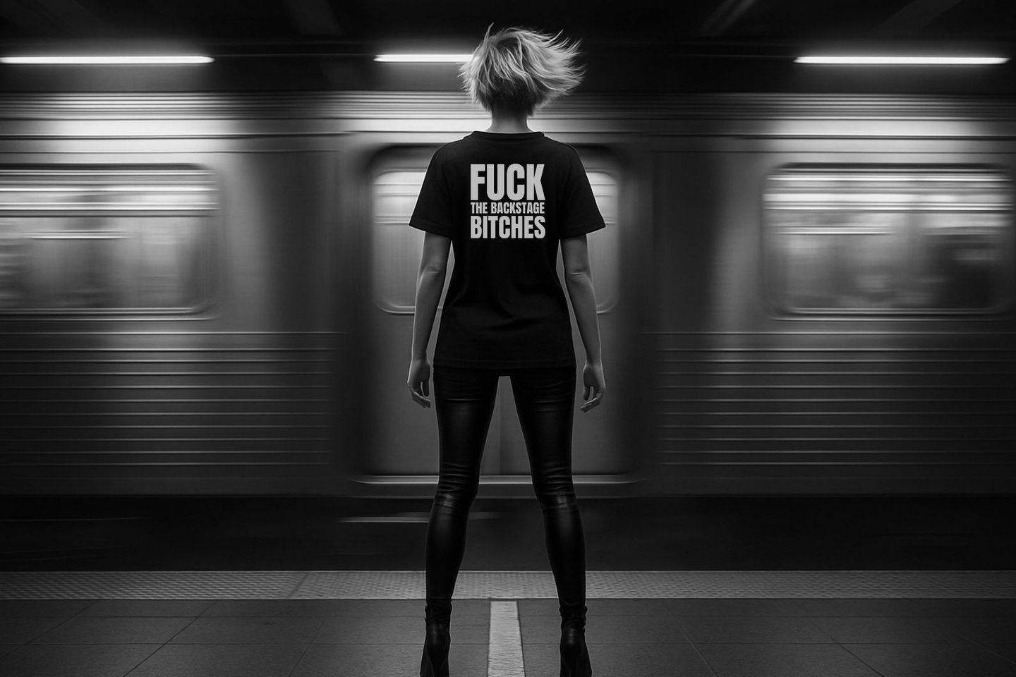 Back view of a model in an underground station wearing a bold NOVIP statement tee.