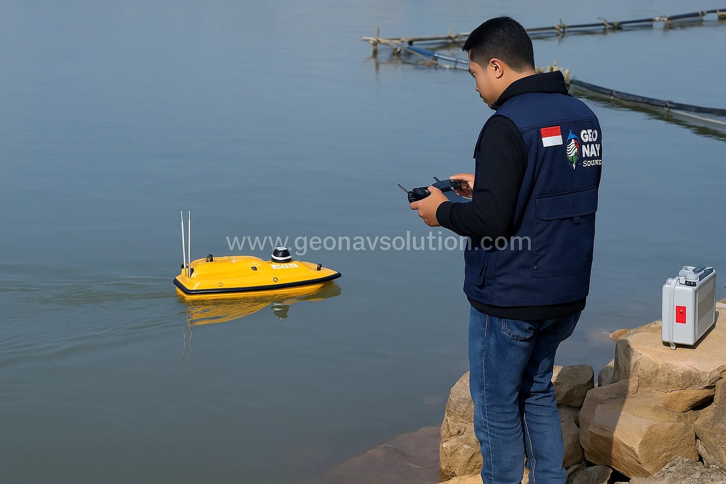 Seorang surveyor Indonesia mengenakan rompi kerja GeoNav Solution sedang mengoperasikan kapal batime