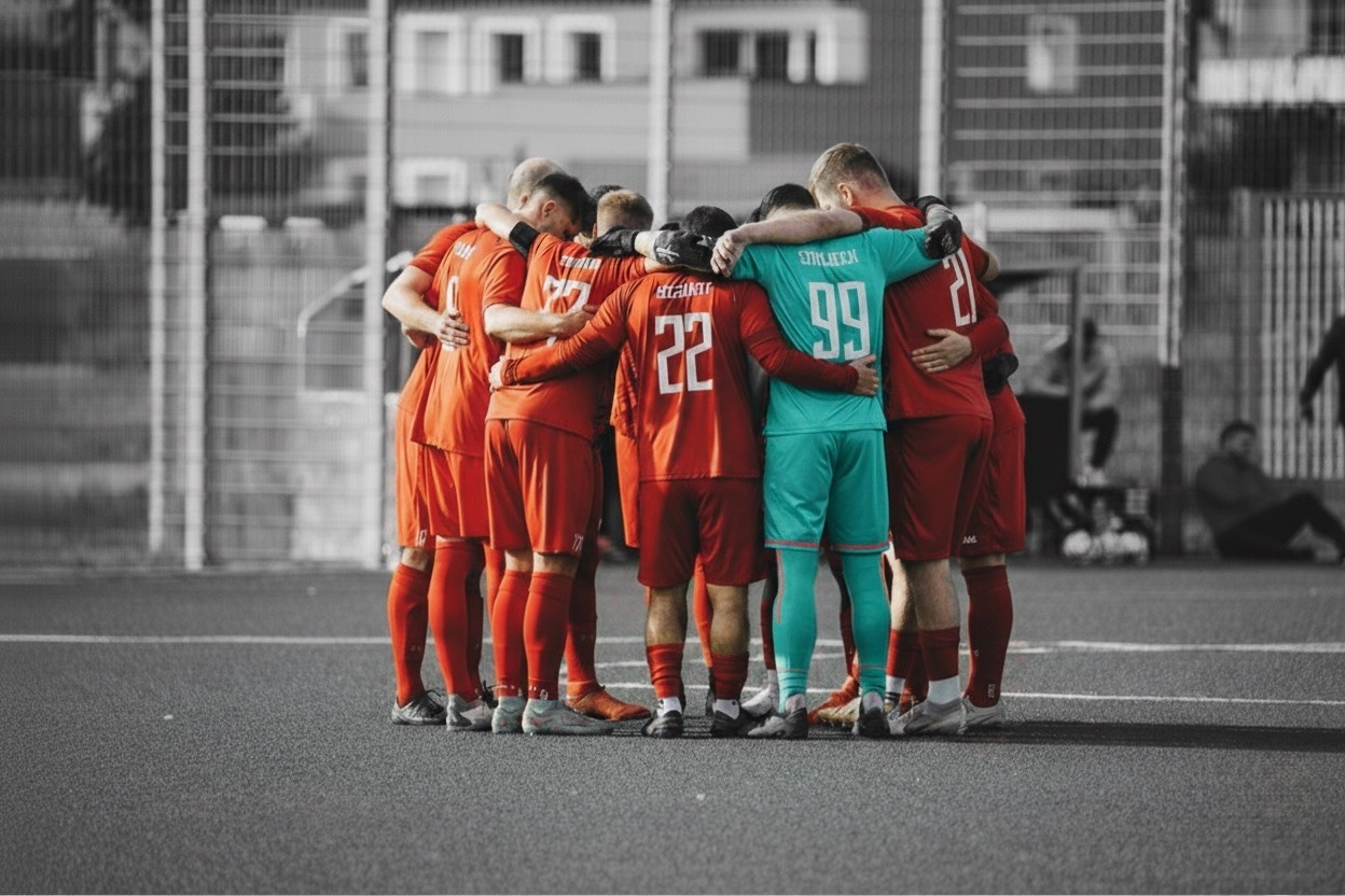a group of soccer players huddle around a soccer field