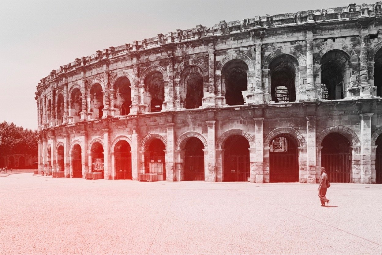 a man standing in front of a large colliseum arena