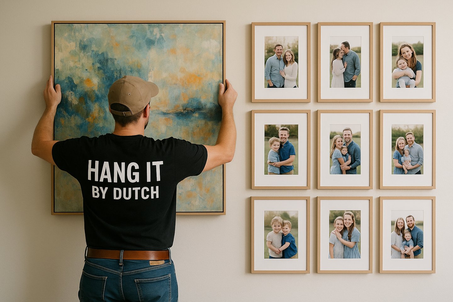 a man is hanging a picture of a family portrait
