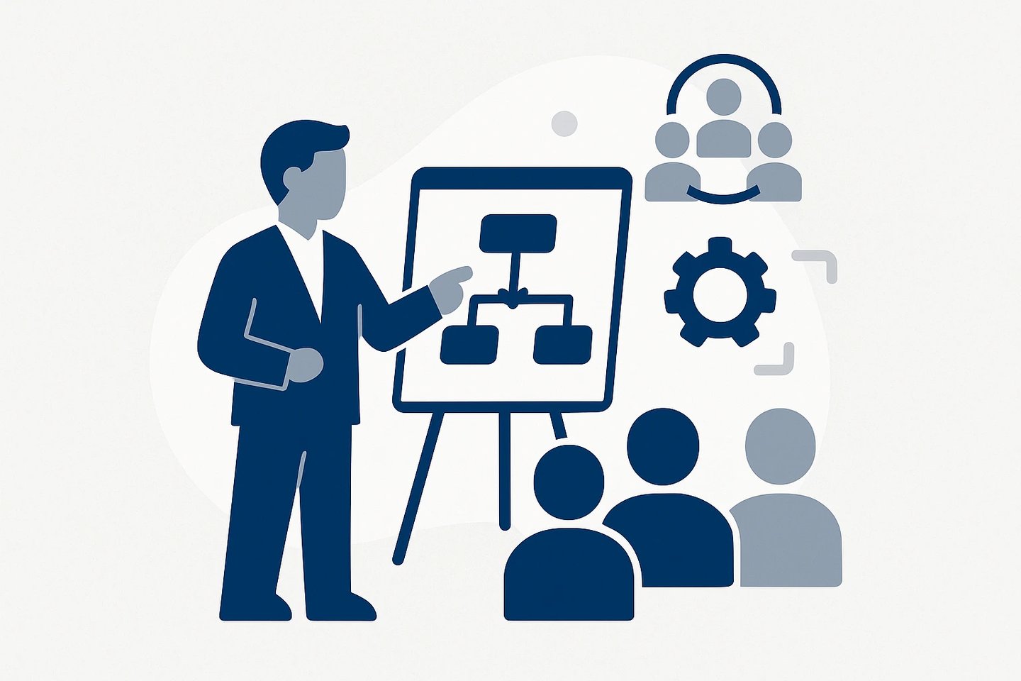Business leader presenting an organizational chart to a team for strategic workflow planning.