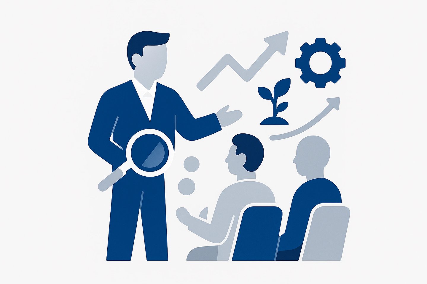A business professional presenting growth strategy and data analysis to a team in a blue flat illustration style.