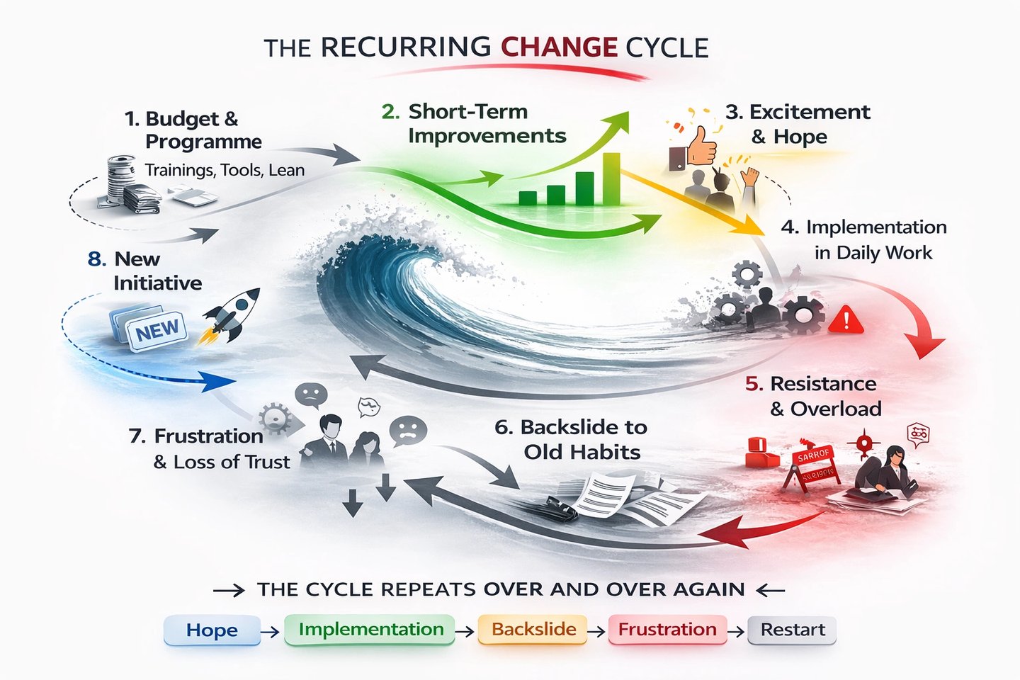 Diagram of The Recurring Change Cycle showing steps from budget planning to resistance and frustration.