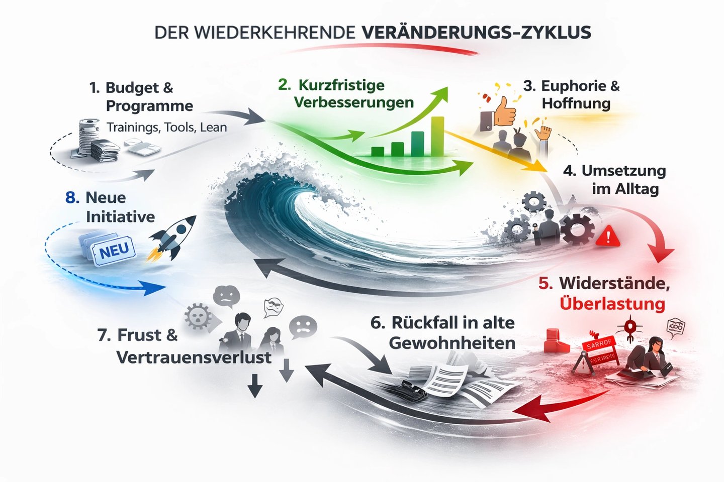 Diagram of the recurring change cycle showing stages from initial budget and euphoria to resistance and frustration.