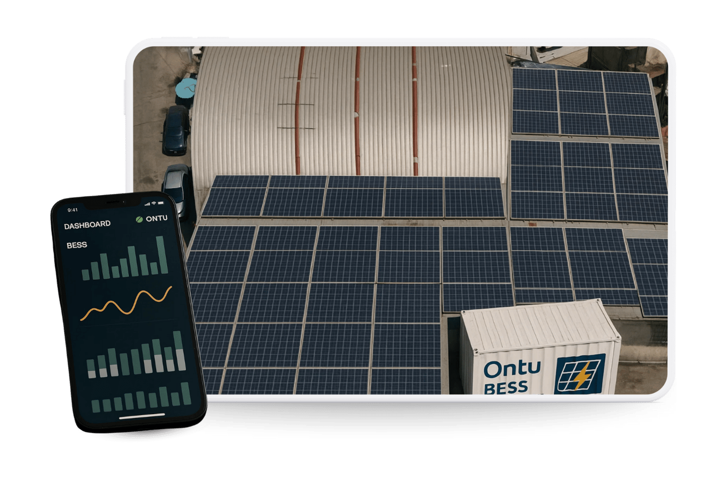 Sistema fotovoltaico con contenedor Ontu BESS y dashboard digital para monitoreo de energía solar