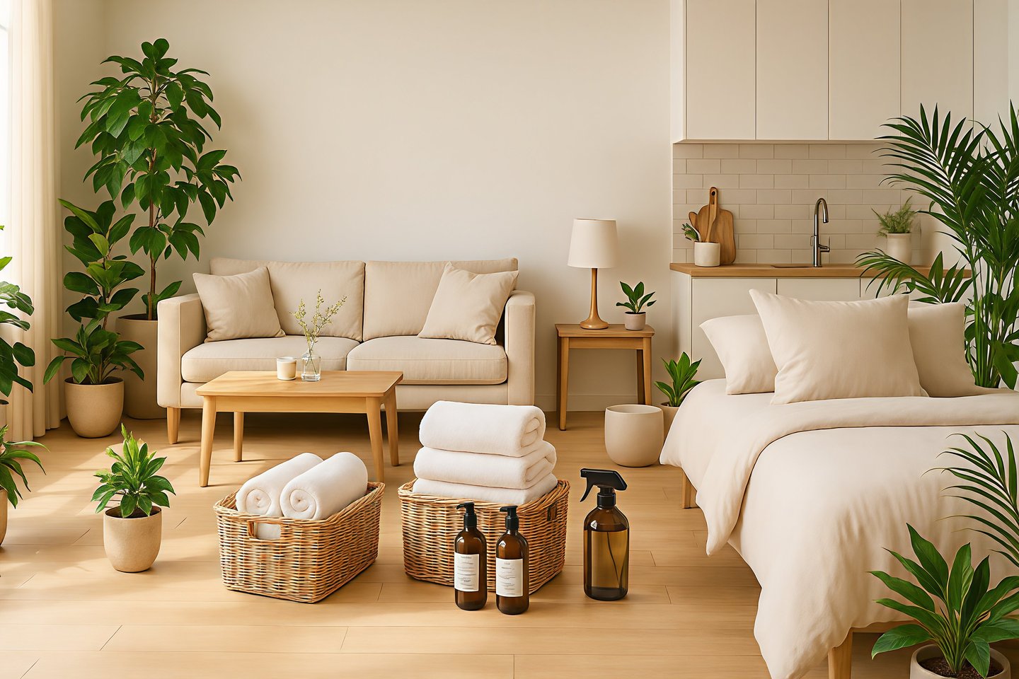 Eco-friendly home interior featuring organic cotton towels in wicker baskets and lush indoor plants.