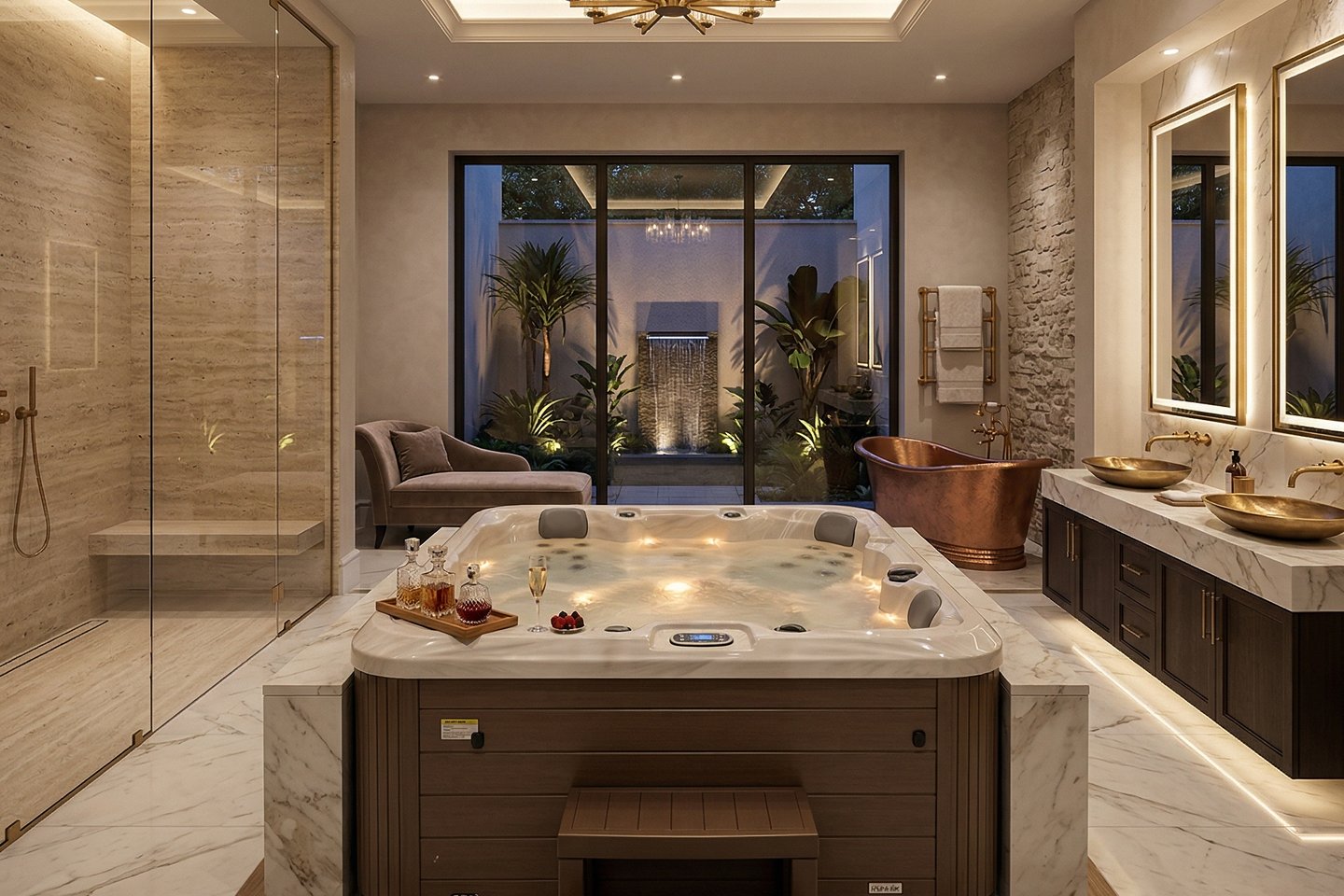 Luxury home spa with an indoor hot tub, copper soaking tub, walk-in stone shower, and a private garden view.
