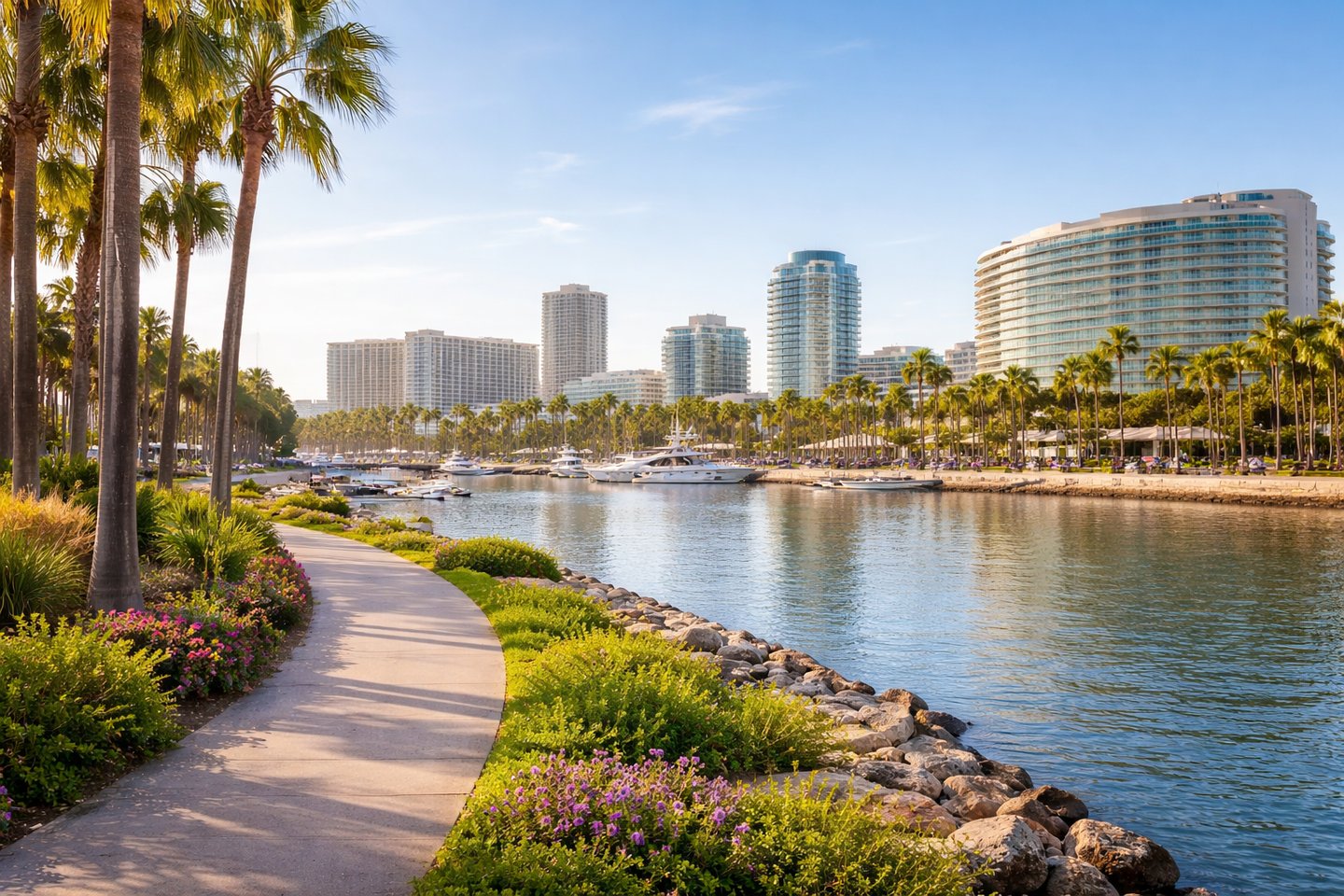Waterfront with palm trees, harbor views, and hotels near the marina, family-friendly area to stay in Long Beach, California