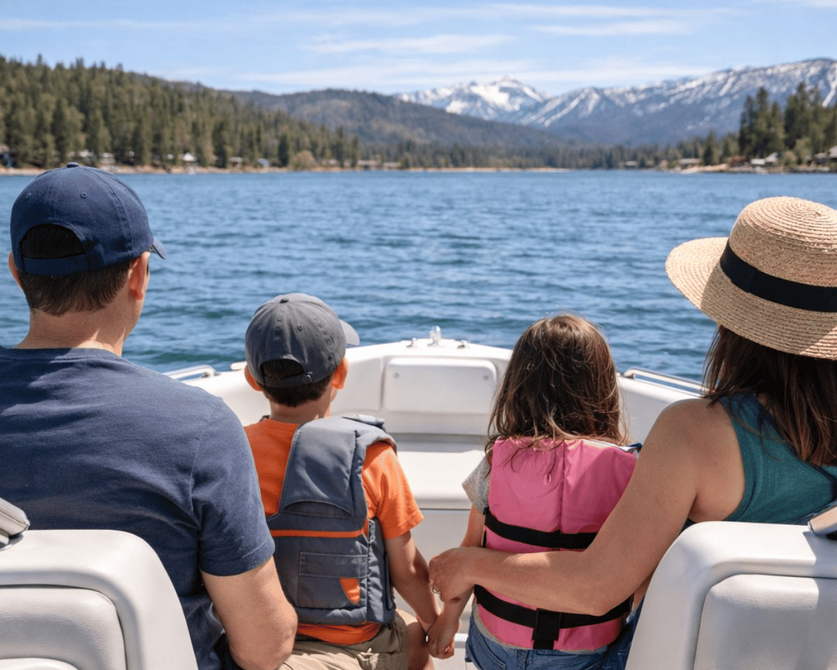 Family on a boat in Big Bear Lake during spring, pine trees and mountains in the distance