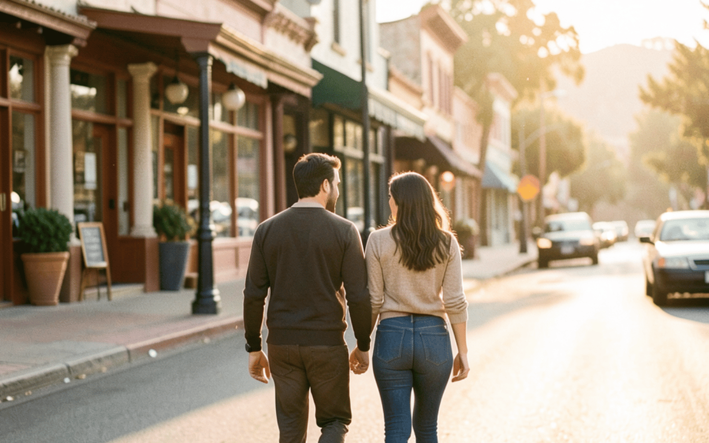 Couple holding hands while walking through downtown Ojai at sunset, California