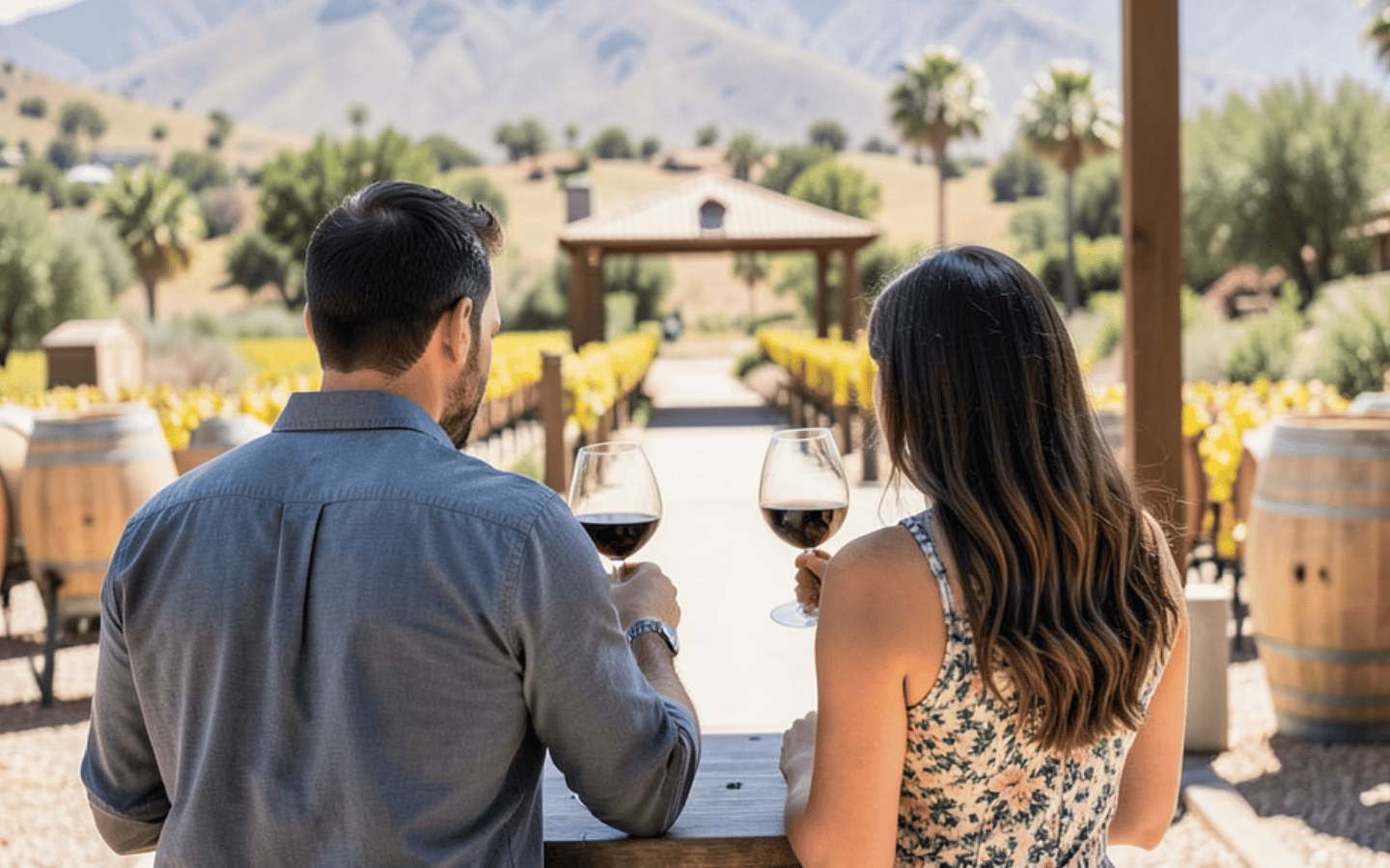 Couple enjoying red wine at a Temecula Valley winery, overlooking vineyard rows and rolling hills on a sunny afternoon.