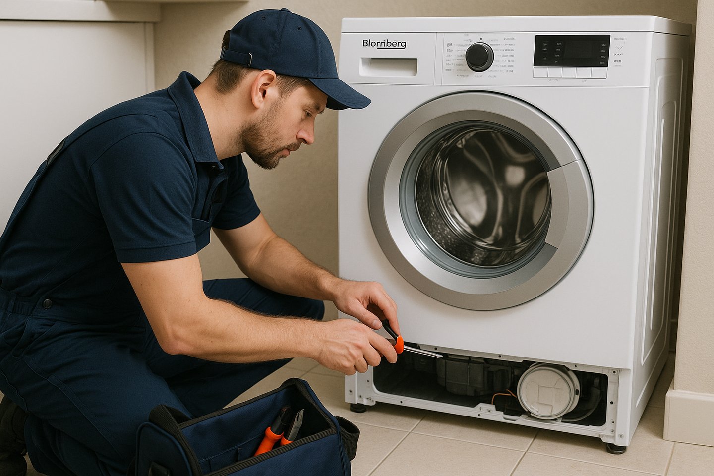 Blue Flame Works technician repairing a Blomberg front-load washer with tools on the floor.