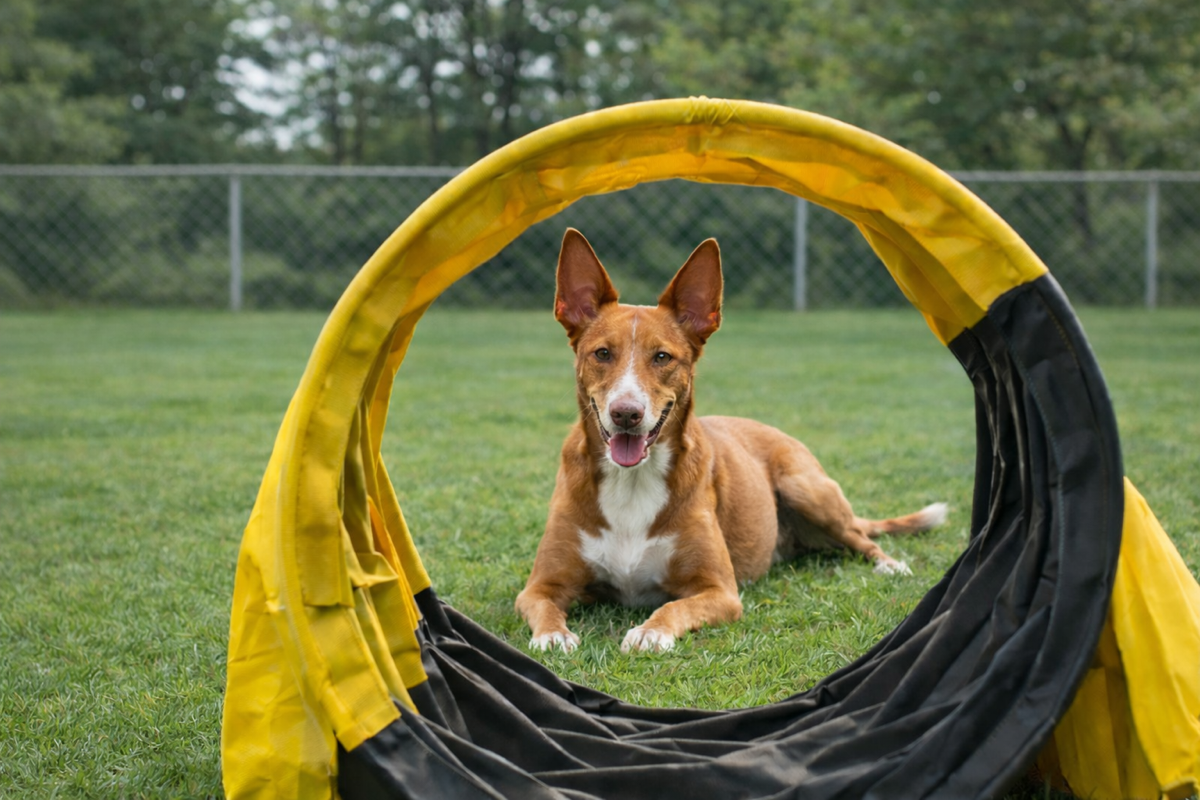 hund beim beschäftitungskurs- liegt hinter einem tunnel