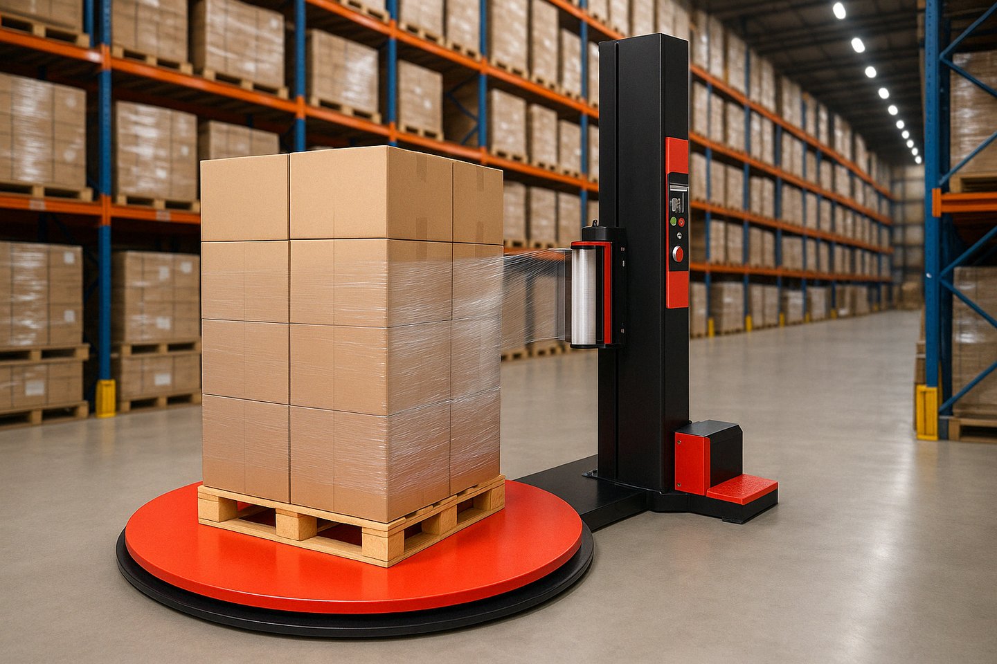 máquina envolvedora de tarimas moderna con base giratoria con brazo vertical para envoltura