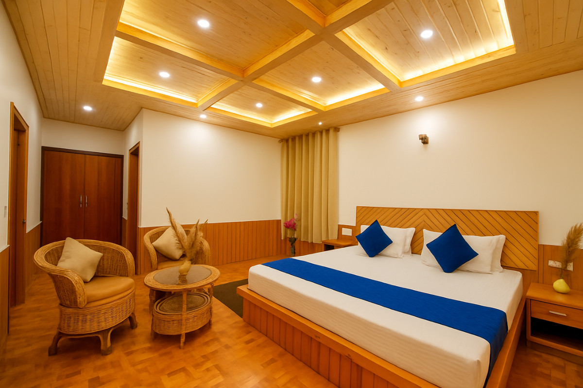 Cozy deluxe room at Olive Grand View mountain-view boutique hotel Manali