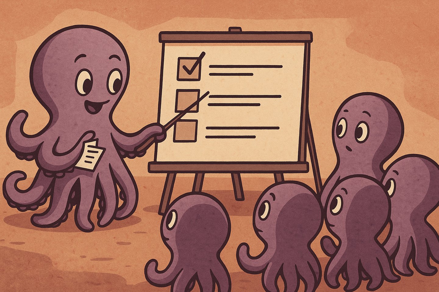 a man in a suit is pointing at a board with a list of things to