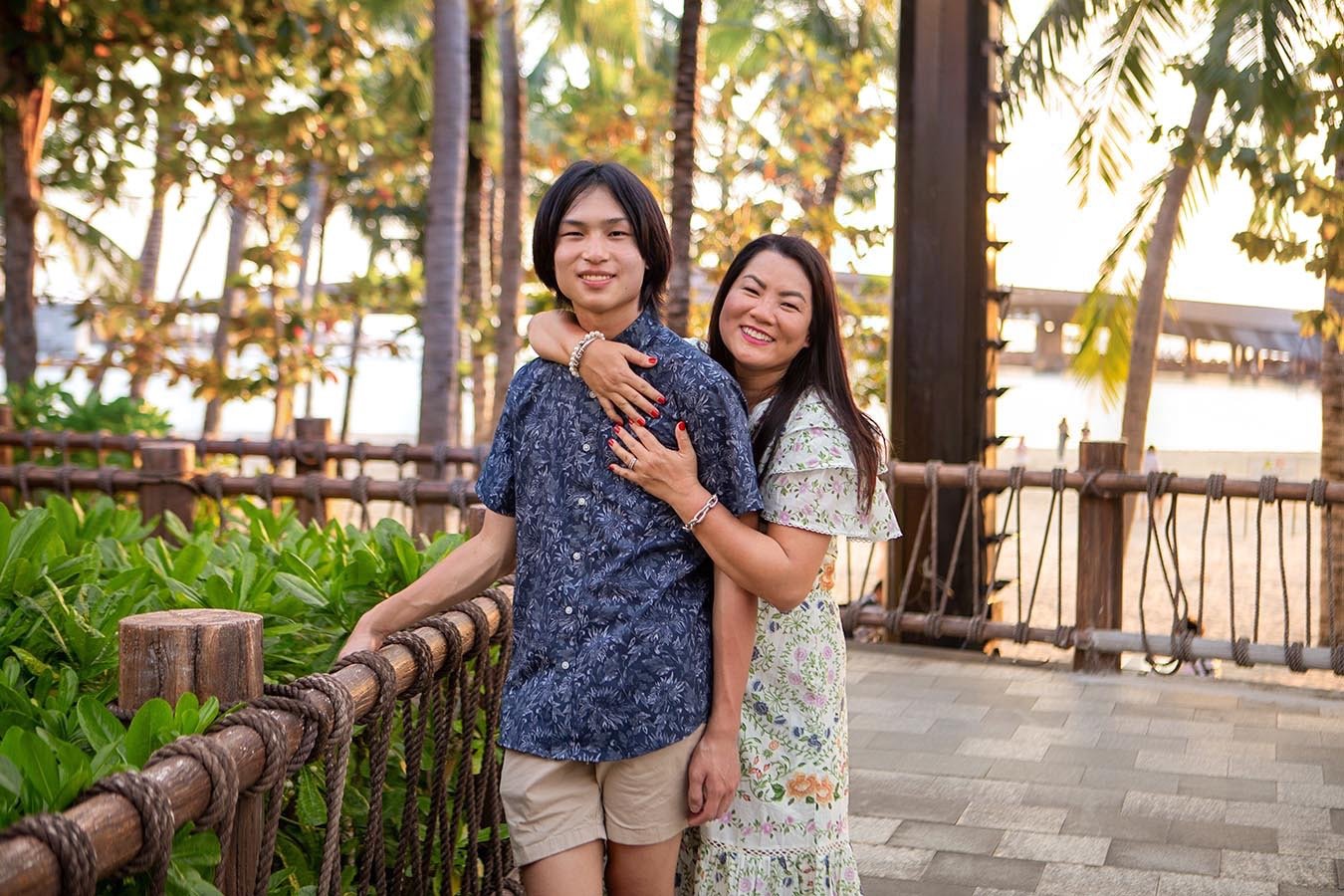 Mother and son family photoshoot in Sunset Town Phu Quoc in January at golden hour