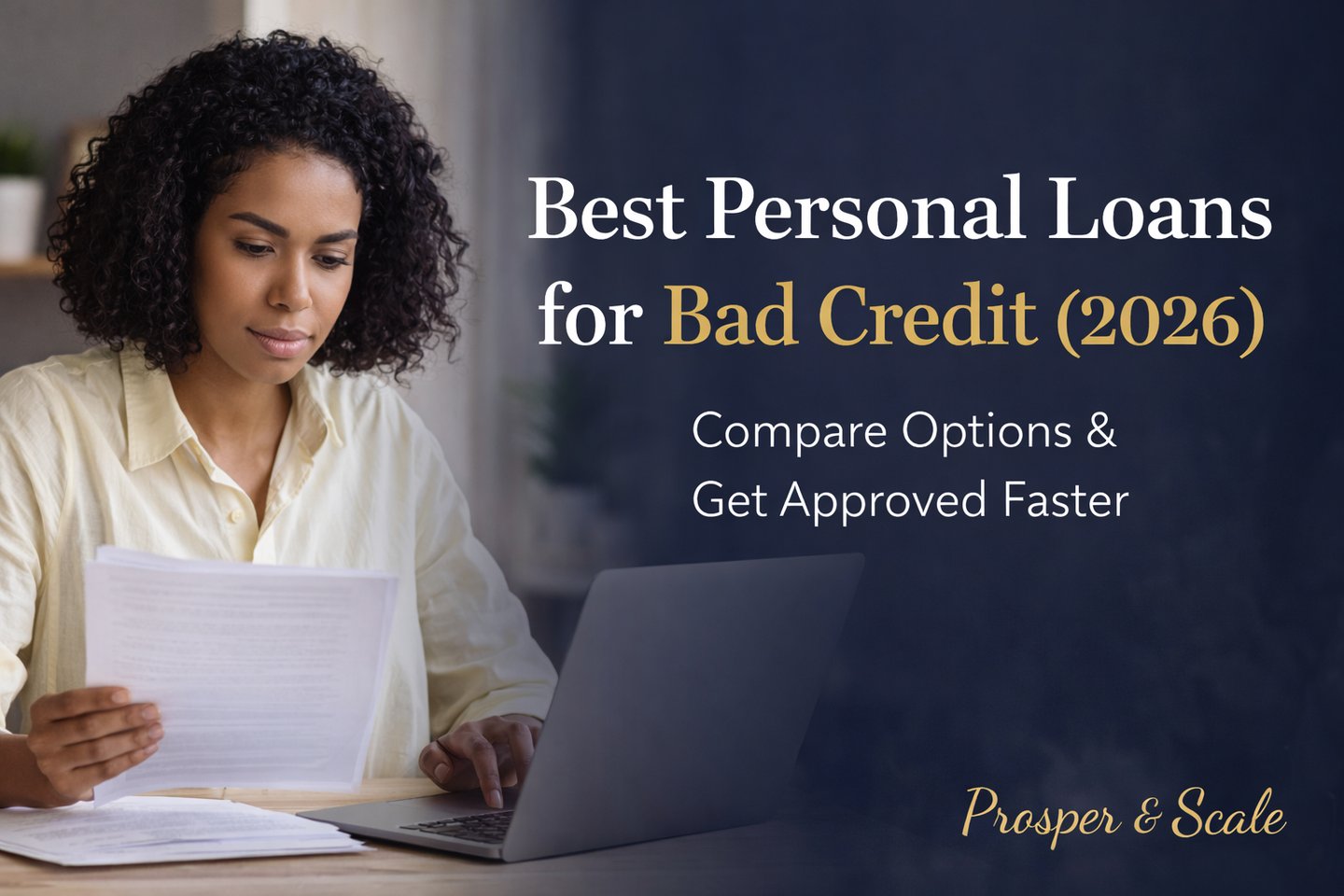 A woman reviewing loan documents on a laptop for the best personal loans for bad credit in 2026.