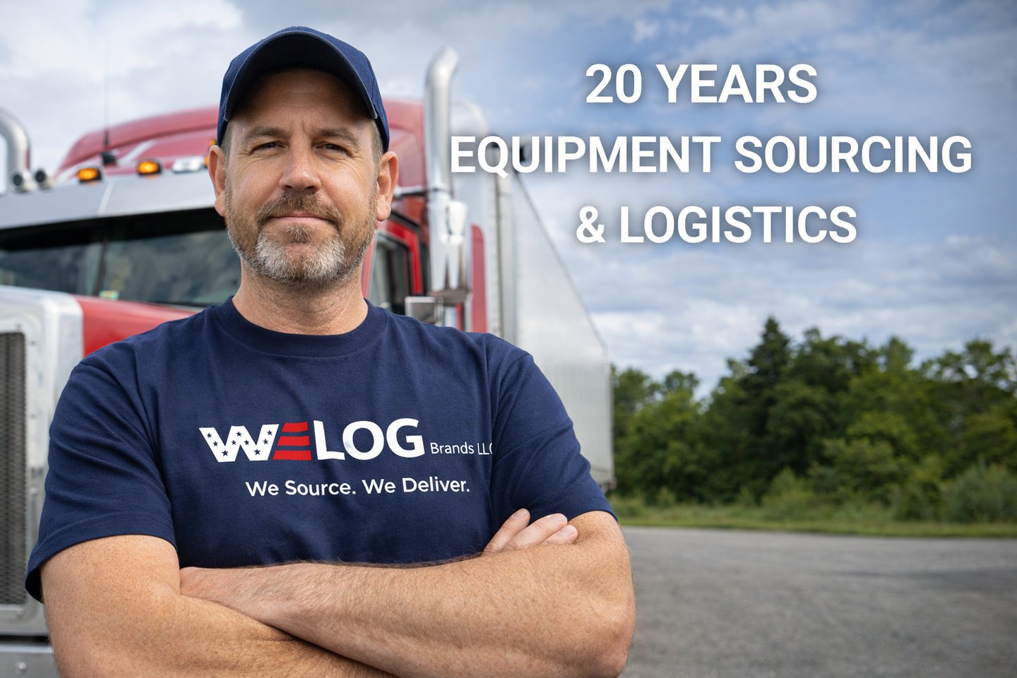 20 years equipment sourcing and logistics professional in front of semi truck wearing WELOG Brands s