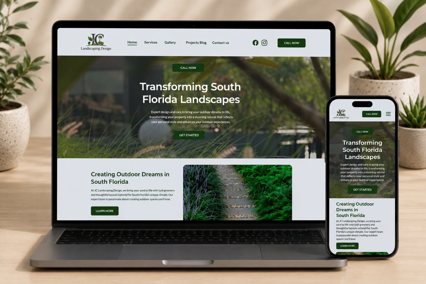 South Florida landscaping design website displayed on a laptop and smartphone screen.