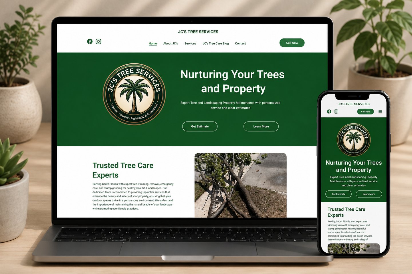 Responsive website design for JC's Tree Services shown on a laptop and smartphone screen.