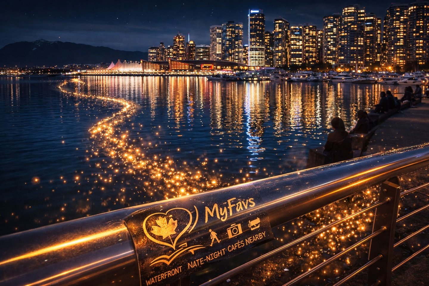 Coal Harbour Vancouver skyline at night reflected in calm water with MyFavs golden discovery trail