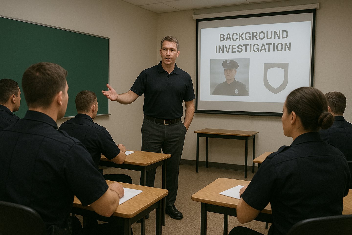 Instructor teaching police recruits about background investigation procedures in a law enforcement training classroom.