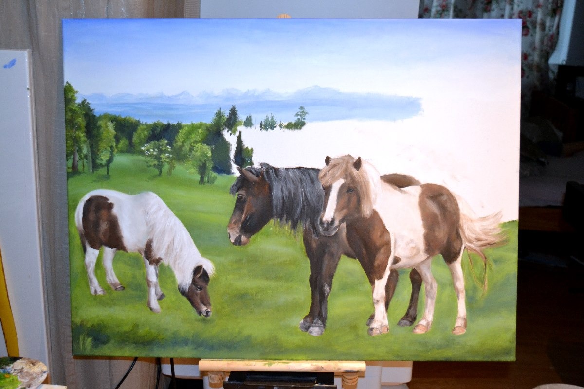 a painting of horses in a field