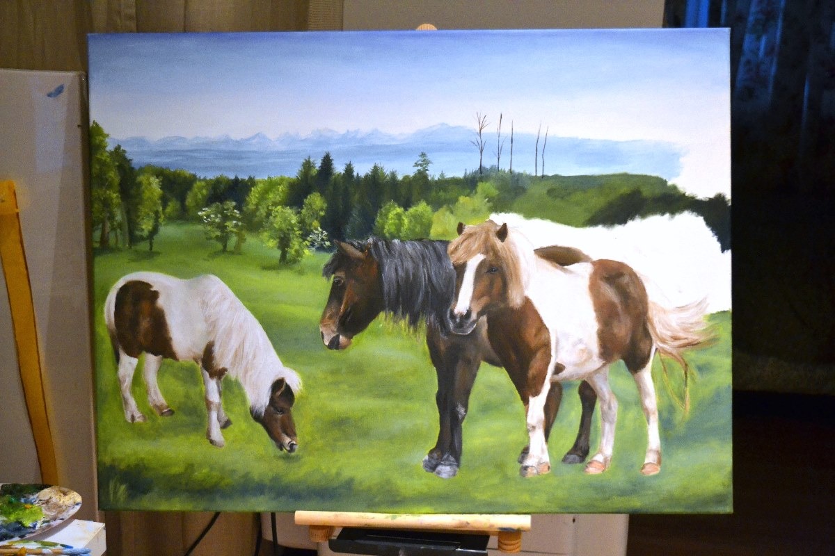 a painting of horses in a field