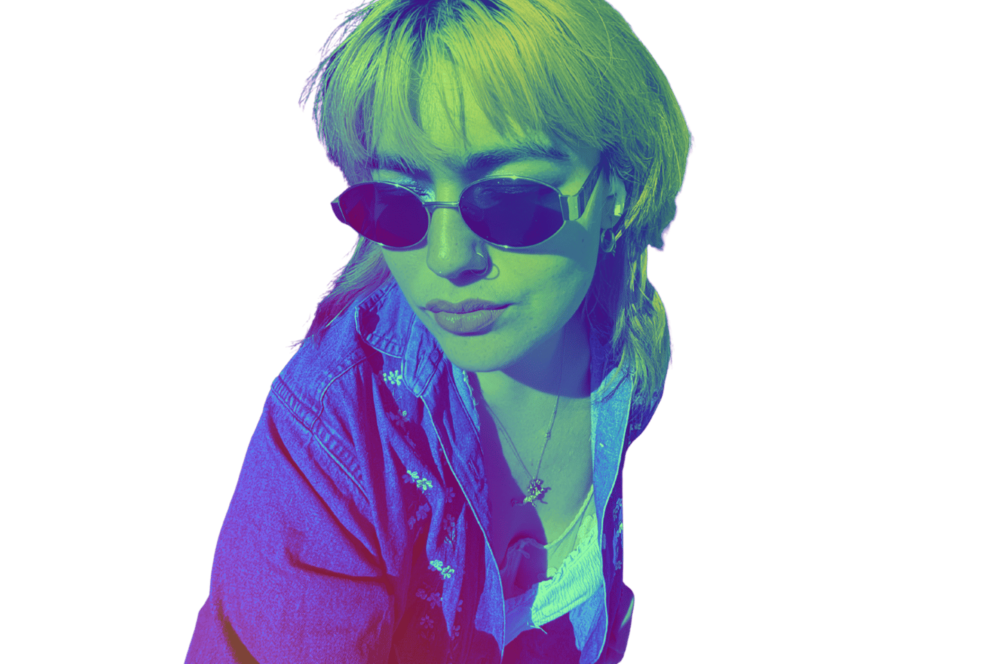 a woman (Angelina Young) in sunglasses and sunglasses is holding a cell phone